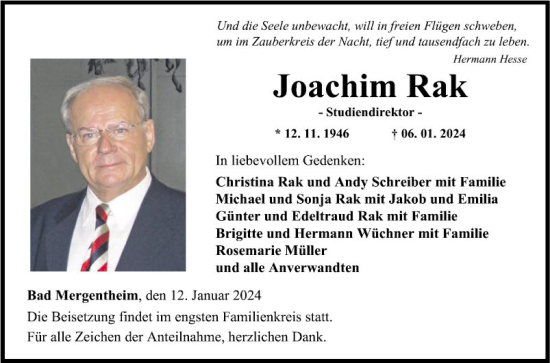 Traueranzeige von Joachim Rak von Fränkische Nachrichten