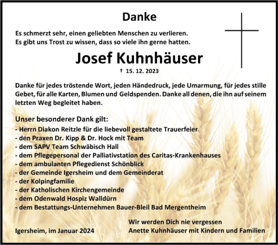 Traueranzeige von Josef Kuhnhäuser von Fränkische Nachrichten