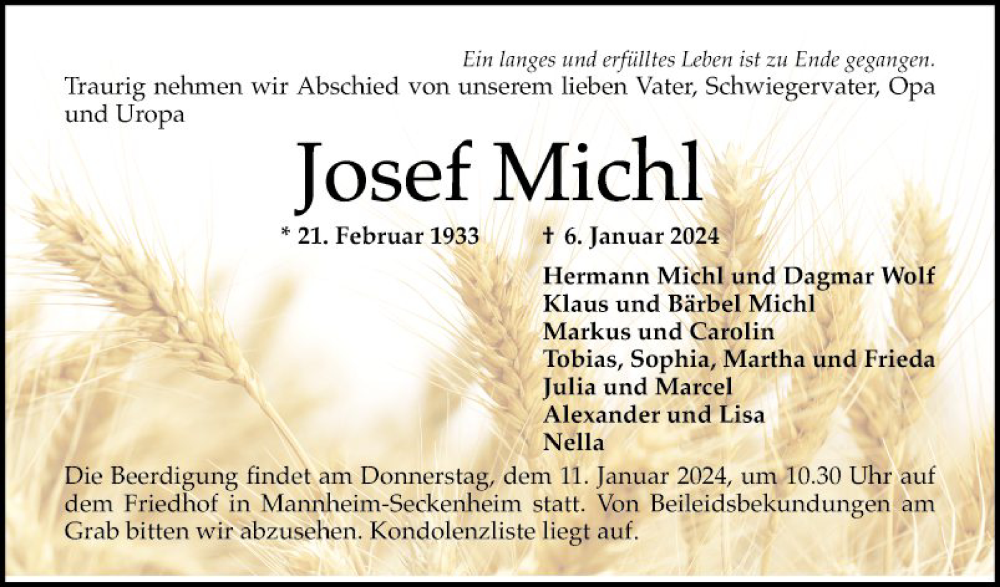  Traueranzeige für Josef Michl vom 10.01.2024 aus Mannheimer Morgen