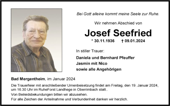 Traueranzeige von Josef Seefried von Fränkische Nachrichten