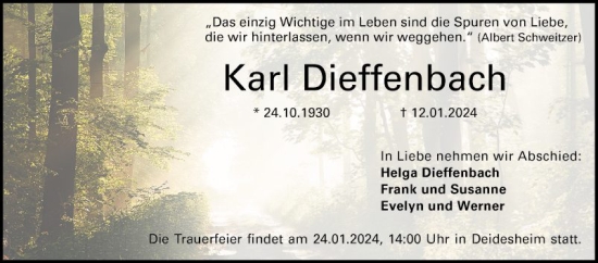 Traueranzeige von Karl Dieffenbach von Mannheimer Morgen