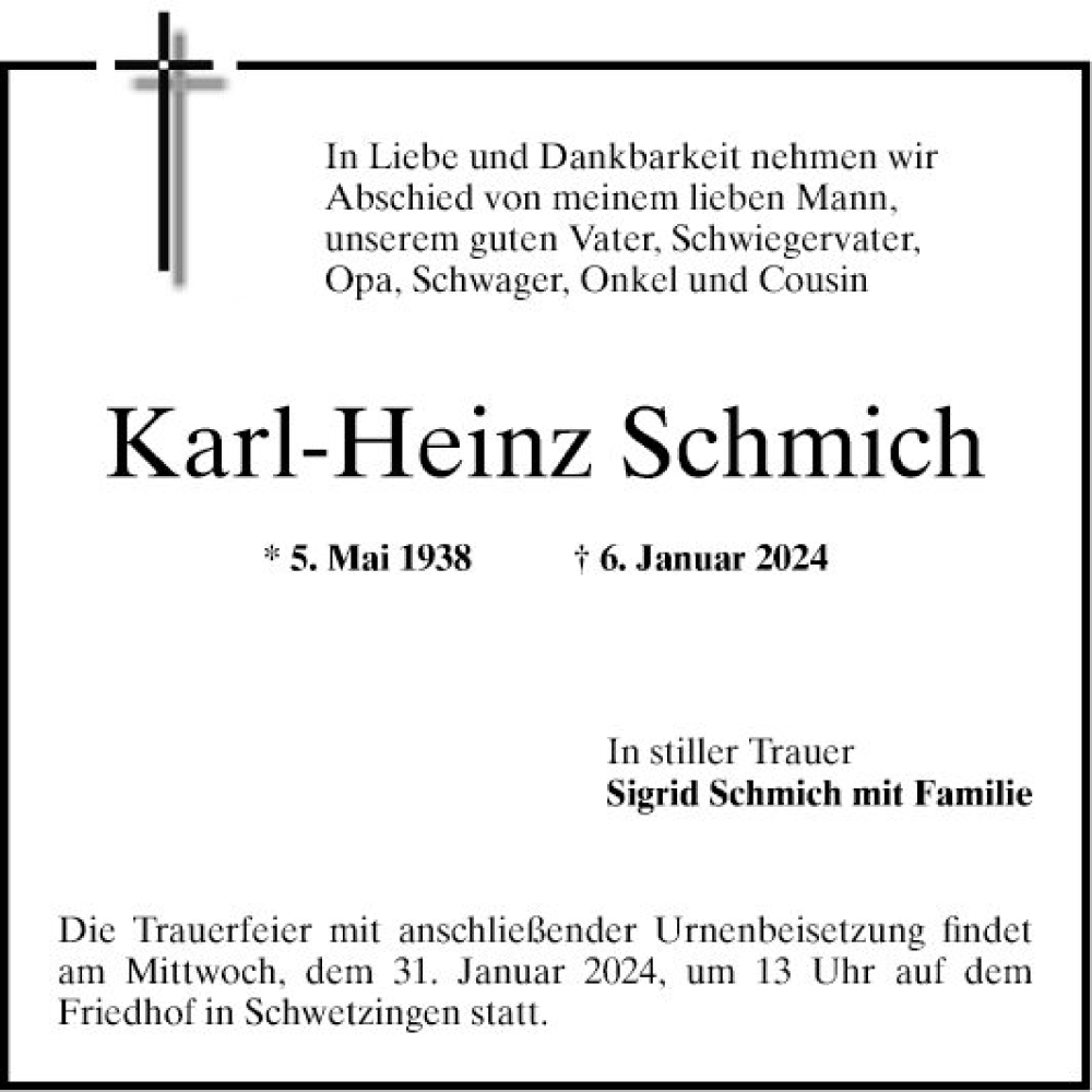  Traueranzeige für Karl-Heinz Schmich vom 27.01.2024 aus Schwetzinger Zeitung
