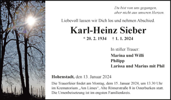 Traueranzeige von Karl-Heinz Sieber von Fränkische Nachrichten