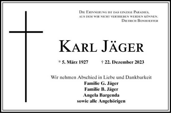 Traueranzeige von Karl Jäger von Schwetzinger Zeitung