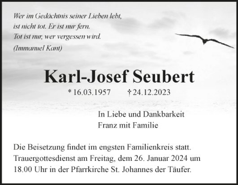  Traueranzeige für Karl-Josef Seubert vom 05.01.2024 aus Fränkische Nachrichten