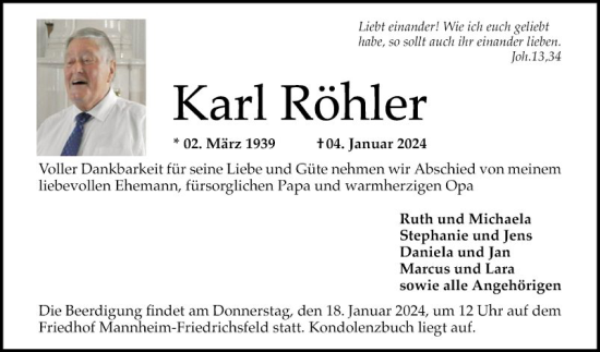 Traueranzeige von Karl Röhler von Mannheimer Morgen