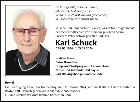 Traueranzeige von Karl Schuck von Fränkische Nachrichten