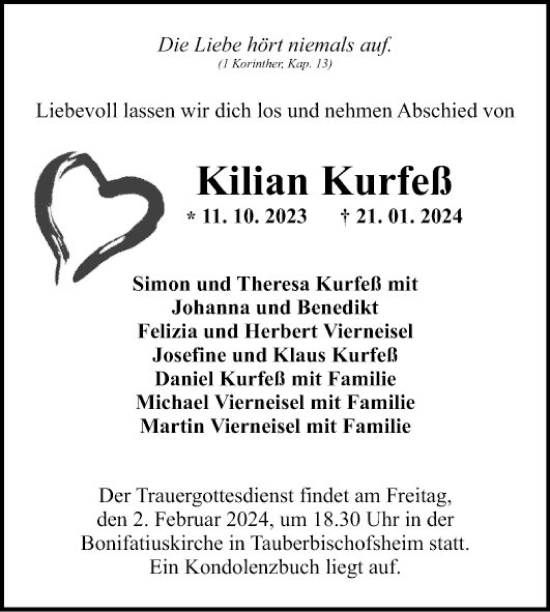 Traueranzeige von Kilian Kurfeß von Fränkische Nachrichten