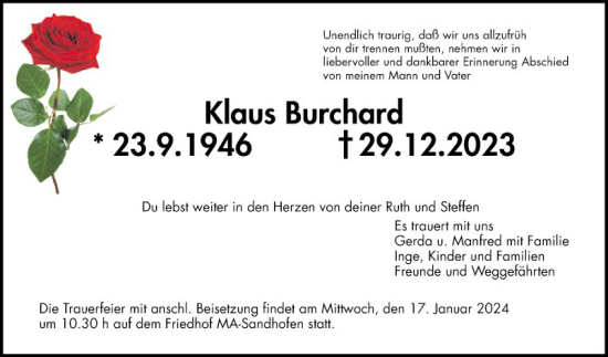 Traueranzeige von Klaus Burchard von Mannheimer Morgen