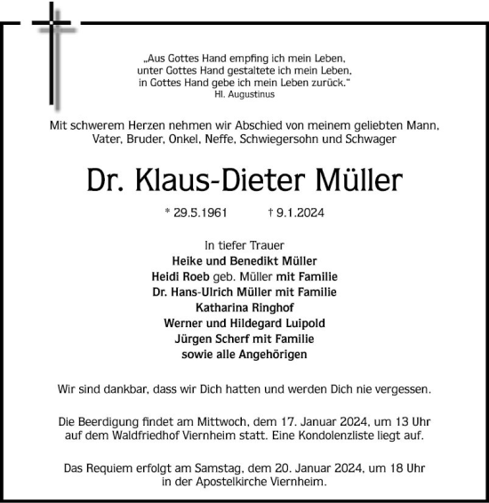 Traueranzeige von Klaus-Dieter Müller von Mannheimer Morgen