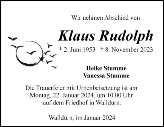 Traueranzeige von Klaus Rudolph von Fränkische Nachrichten