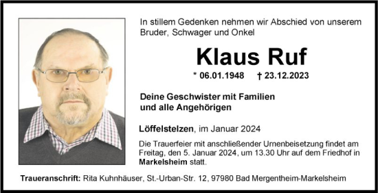 Traueranzeigen Von Klaus Ruf | Trauerportal Ihrer Tageszeitung