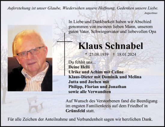 Traueranzeige von Klaus Schnabel von Fränkische Nachrichten