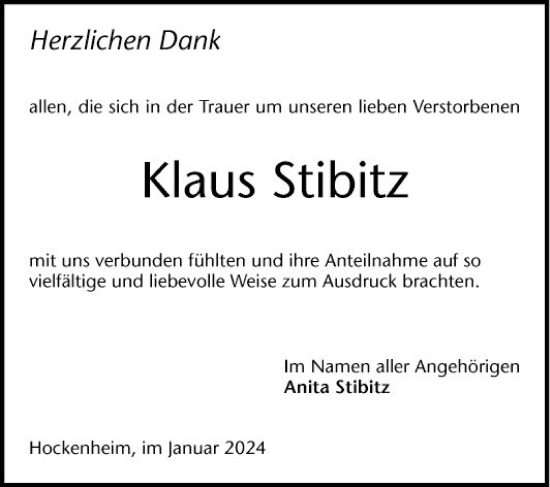 Traueranzeige von Klaus Stibitz von Schwetzinger Zeitung