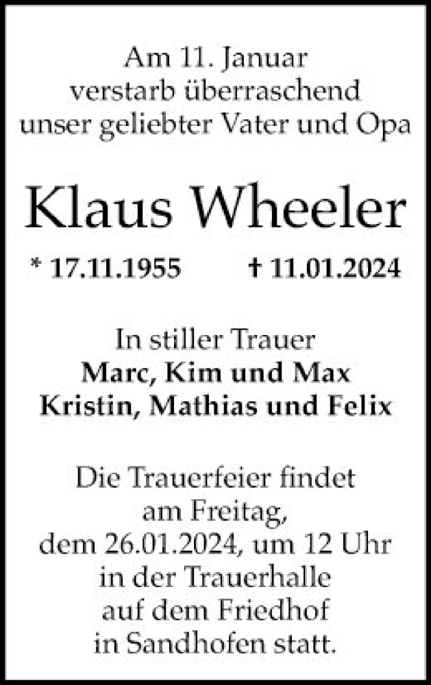  Traueranzeige für Klaus Wheeler vom 20.01.2024 aus Mannheimer Morgen