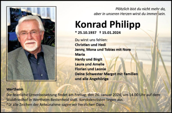 Traueranzeige von Konrad Philipp von Fränkische Nachrichten