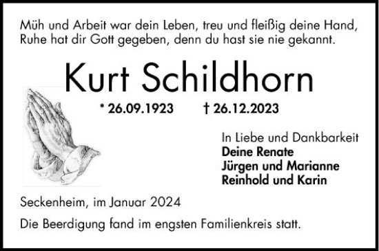 Traueranzeige von Kurt Schildhorn von Mannheimer Morgen