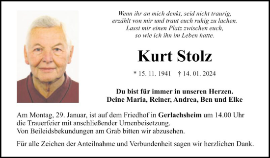 Traueranzeige von Kurt Stolz von Fränkische Nachrichten