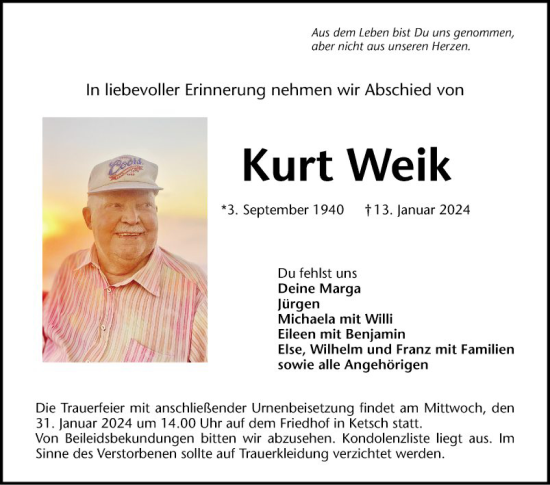 Traueranzeige von Kurt Welk von Schwetzinger Zeitung