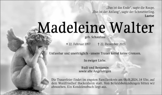 Traueranzeige von Madeleine Walter von Schwetzinger Zeitung