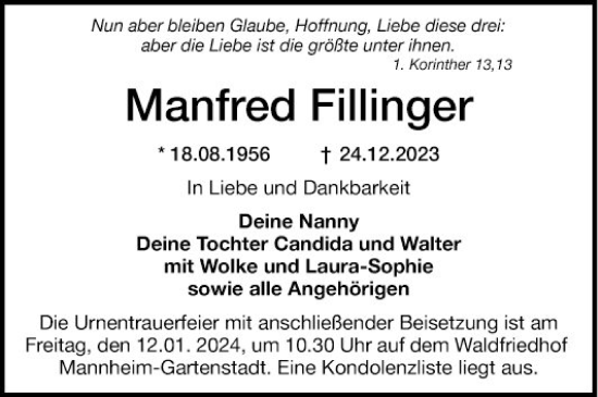 Traueranzeige von Manfred Fillinger von Mannheimer Morgen