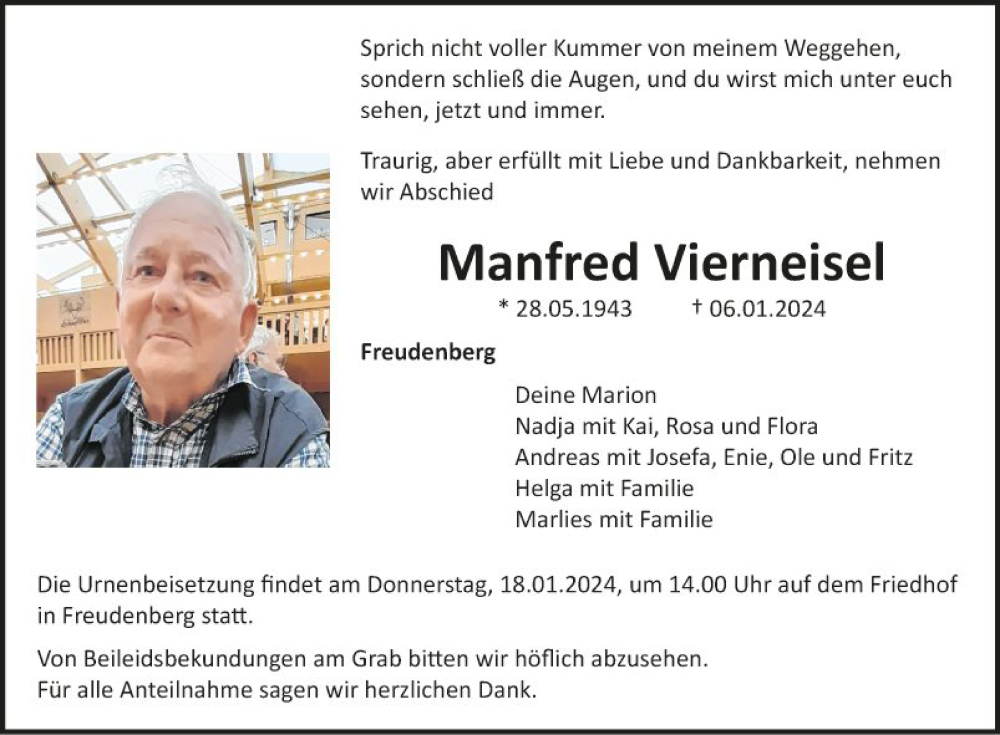 Traueranzeige für Manfred Vierneisel vom 13.01.2024 aus Fränkische Nachrichten