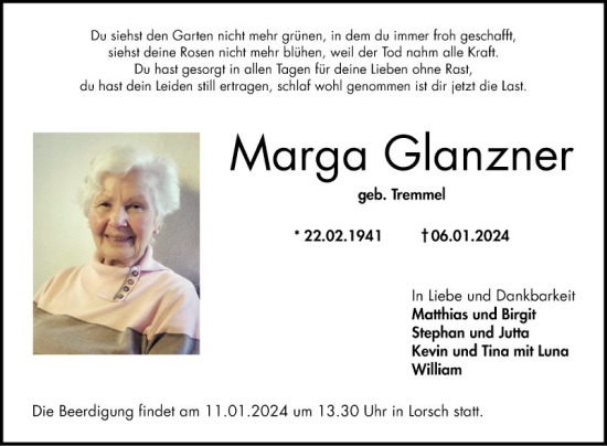 Traueranzeige von Marga Glanzner von Bergsträßer Anzeiger