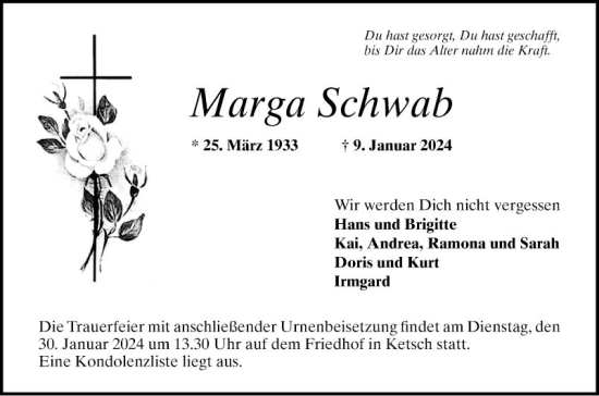 Traueranzeige von Marga Schwab von Schwetzinger Zeitung