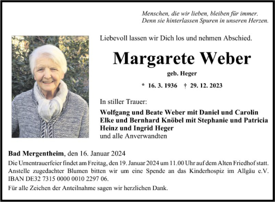 Traueranzeige von Margarete Weber von Fränkische Nachrichten