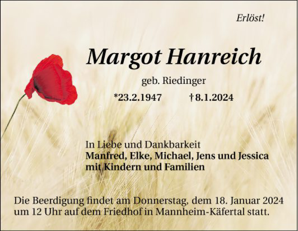  Traueranzeige für Margot Hanreich vom 13.01.2024 aus Mannheimer Morgen