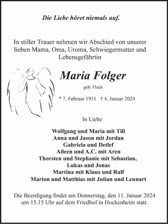 Traueranzeigen Von Maria Folger | Trauerportal Ihrer Tageszeitung