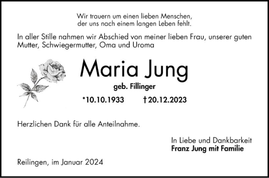 Traueranzeige von Maria Jung von Schwetzinger Zeitung