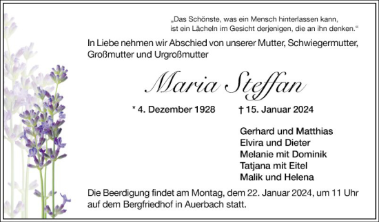 Traueranzeige von Maria Steffan von Bergsträßer Anzeiger