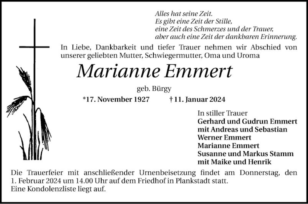  Traueranzeige für Marianne Emmert vom 27.01.2024 aus Schwetzinger Zeitung