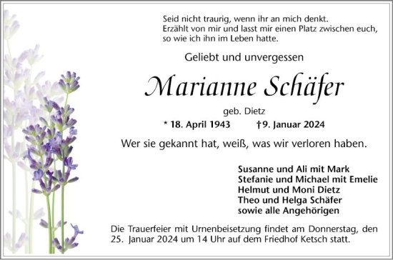 Traueranzeige von Marianne Schäfer von Schwetzinger Zeitung