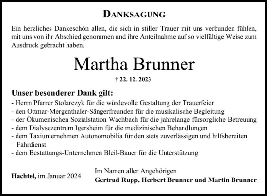 Traueranzeige von Martha Brunner von Fränkische Nachrichten