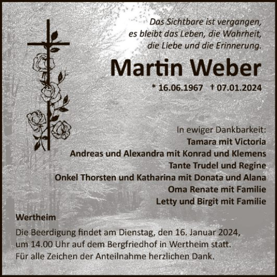 Traueranzeige von Martin Weber von Fränkische Nachrichten