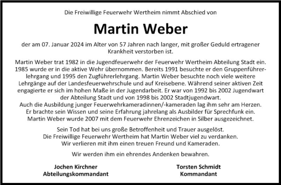 Traueranzeige von Martin Weber von Fränkische Nachrichten