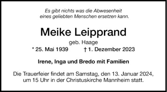 Traueranzeige von Meike Leipprand von Mannheimer Morgen