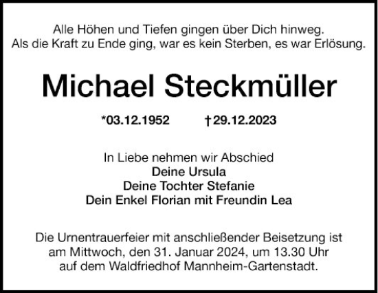 Traueranzeige von Michael Steckmüller von Mannheimer Morgen
