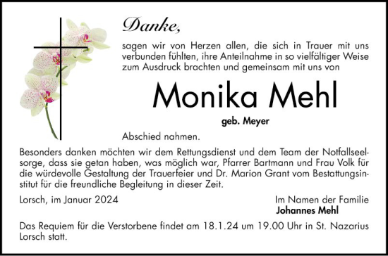 Traueranzeige von Monika Mehl von Bergsträßer Anzeiger