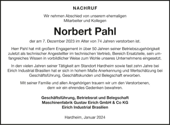 Traueranzeige von Norbert Fahl von Fränkische Nachrichten
