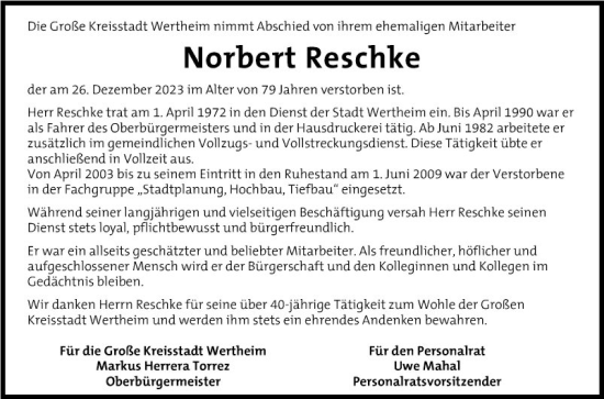 Traueranzeige von Norbert Reschke von Fränkische Nachrichten