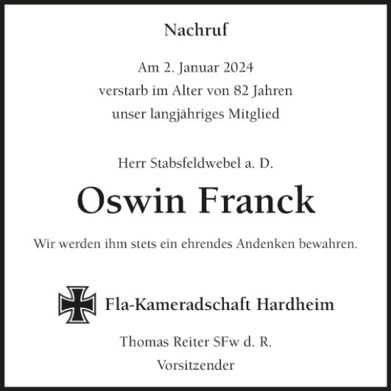 Traueranzeige von Oswin Franck von Fränkische Nachrichten