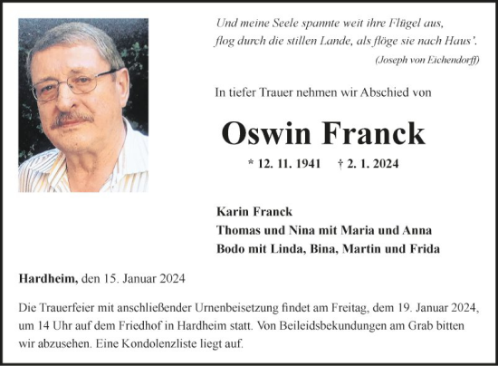 Traueranzeige von Oswin Franck von Fränkische Nachrichten