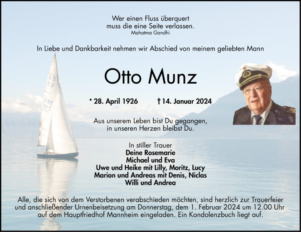  Traueranzeige für Otto Munz vom 20.01.2024 aus Mannheimer Morgen