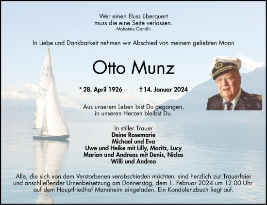 Traueranzeige von Otto Munz von Mannheimer Morgen