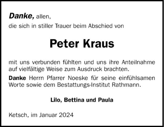 Traueranzeige von Peter Kraus von Schwetzinger Zeitung