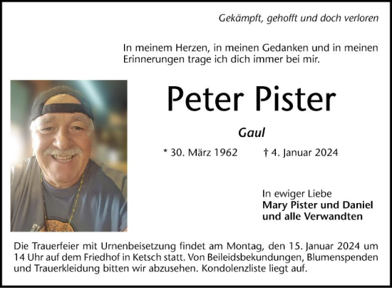 Traueranzeige von Peter Pister von Schwetzinger Zeitung