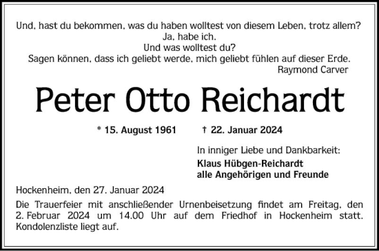 Traueranzeige von Peter Otto Reichardt von Schwetzinger Zeitung